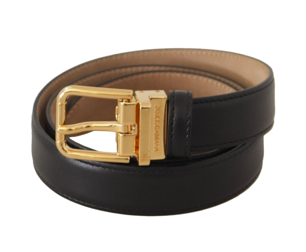 Black Calf Leather Gold Metal Logo Waist Buckle Belt - 75-cm-30-inches