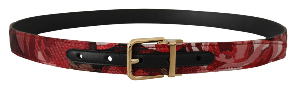 Red Jacquard Rose Leather Gold Metal Buckle Belt - 90-cm-36-inches