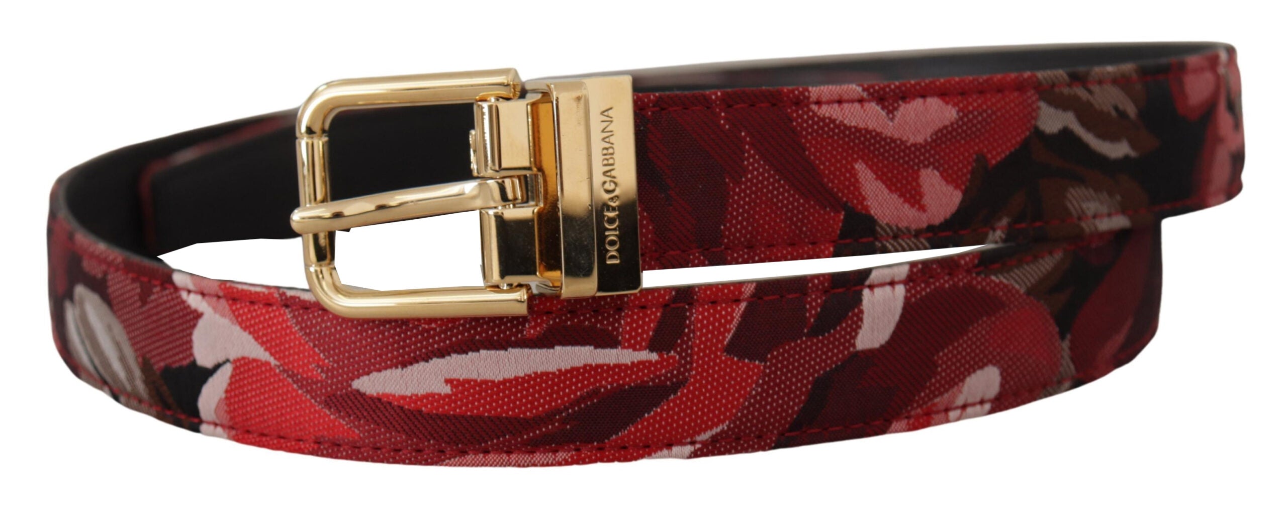 Red Jacquard Rose Leather Gold Metal Buckle Belt - 90-cm-36-inches