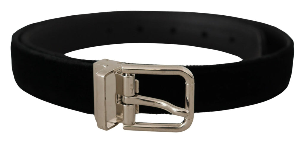 Black Velvet Silver Tone Metal Logo Buckle Belt - 80-cm-32-inches