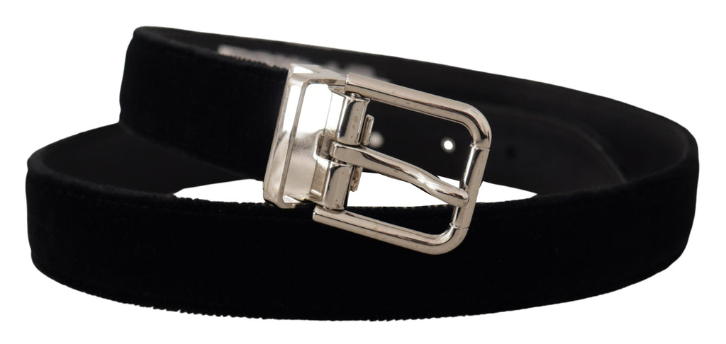 Black Velvet Silver Tone Metal Logo Buckle Belt - 80-cm-32-inches