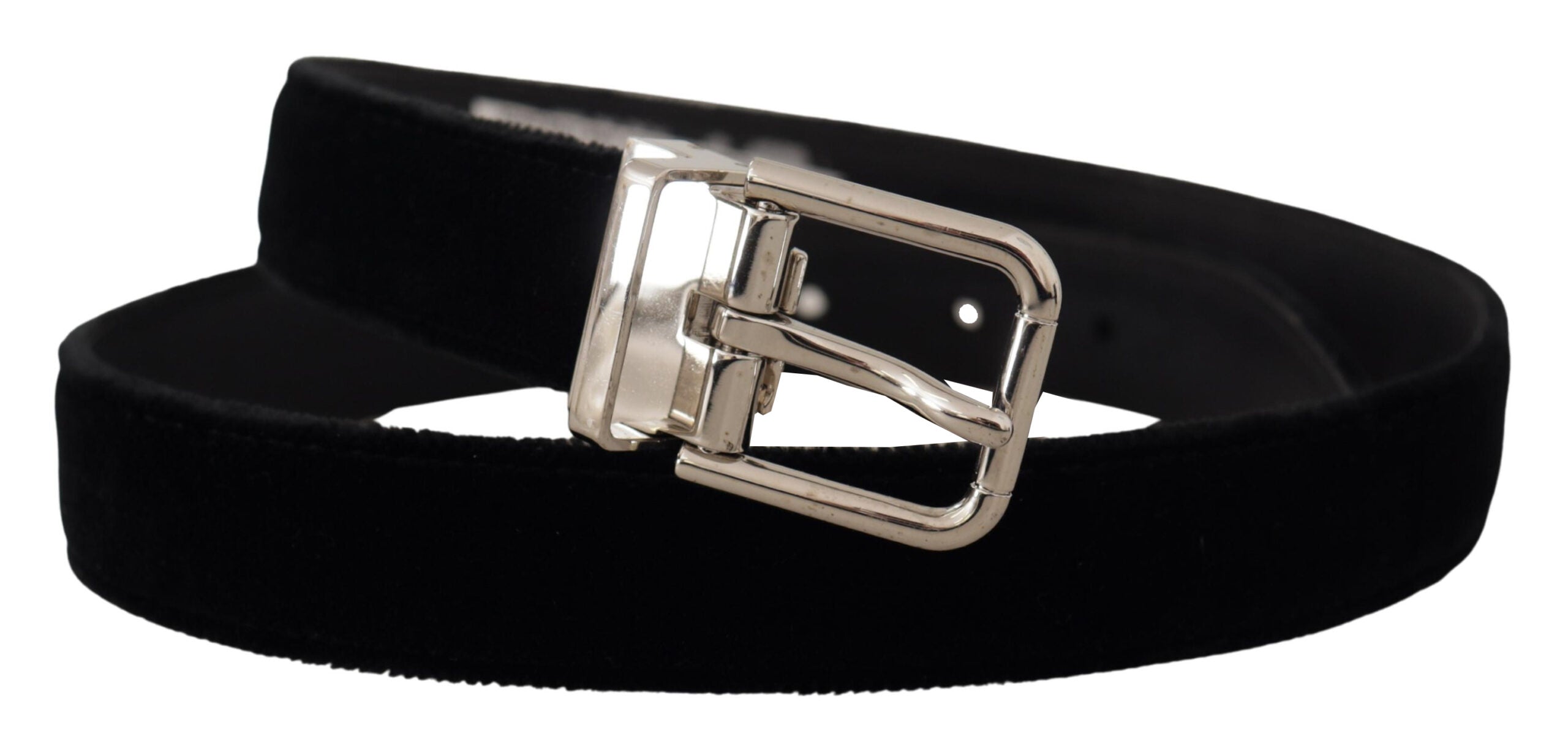 Black Velvet Silver Tone Metal Logo Buckle Belt - 80-cm-32-inches