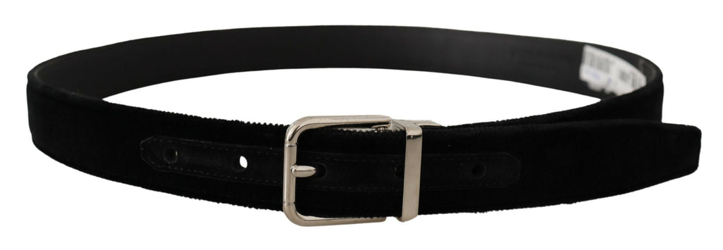 Black Velvet Silver Tone Metal Logo Buckle Belt - 80-cm-32-inches