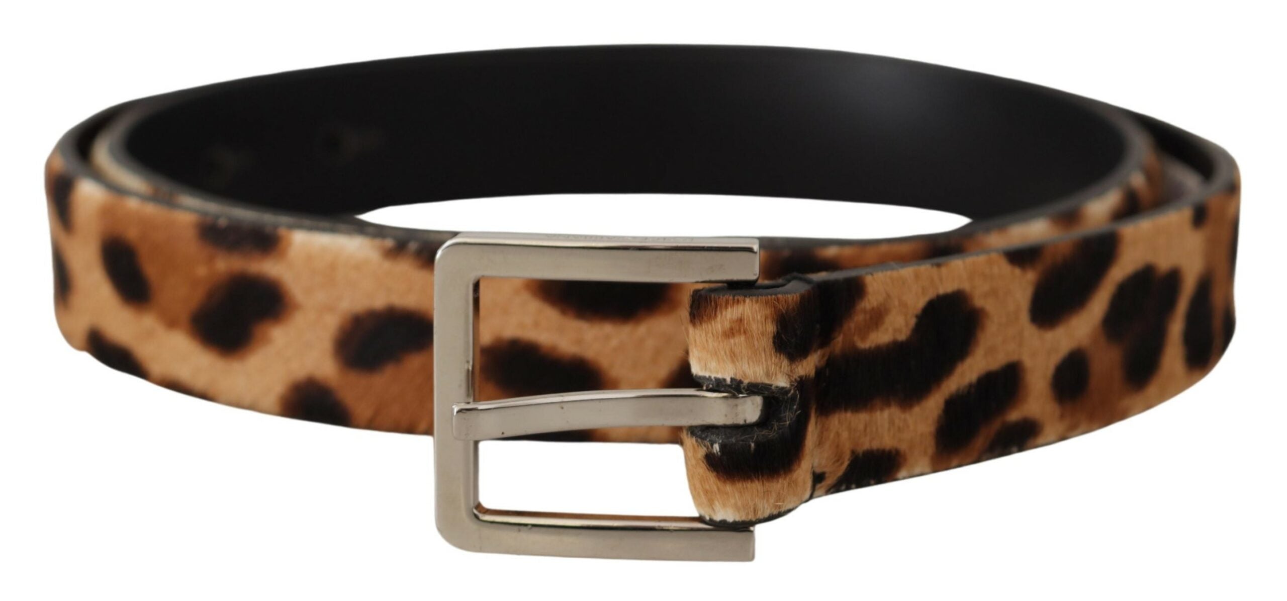 Brown Calf Fur Leopard Print Skinny Logo Buckle Belt - 85-cm-34-inches