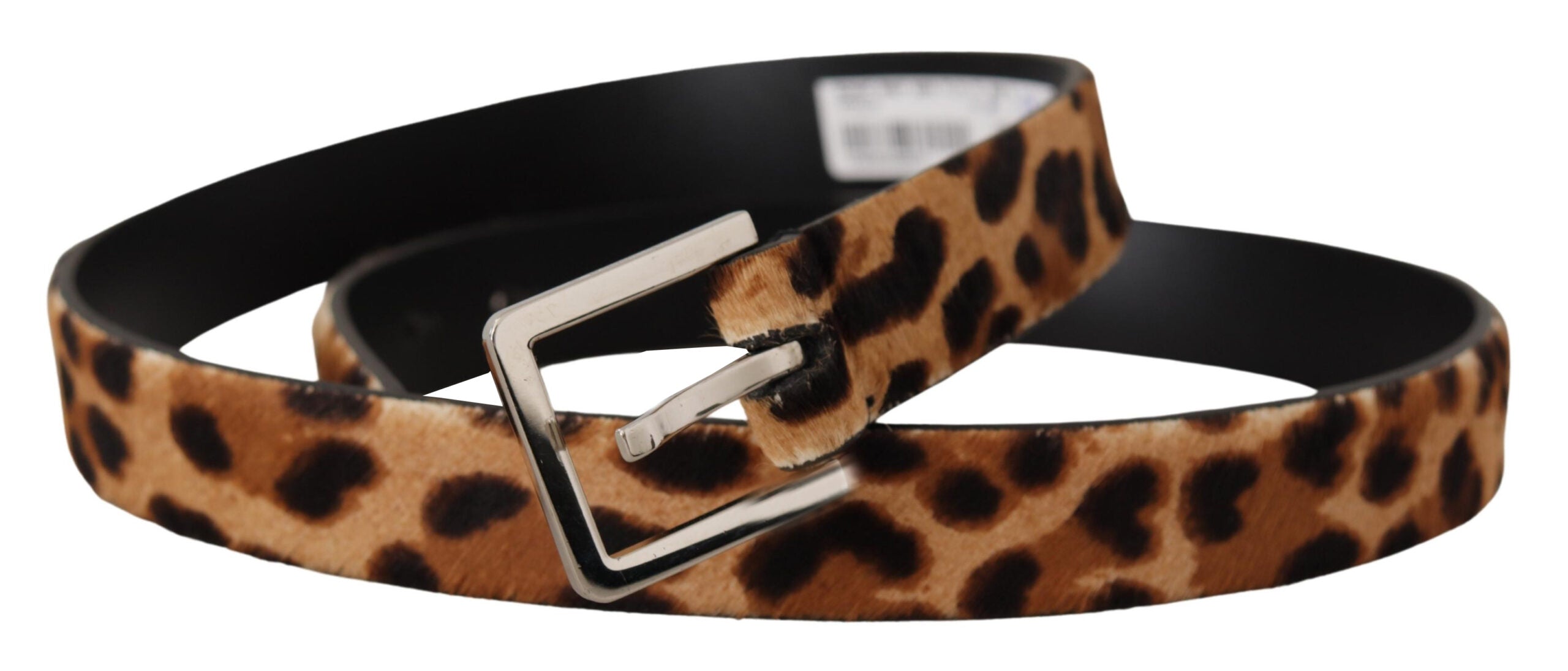 Brown Calf Fur Leopard Print Skinny Logo Buckle Belt - 85-cm-34-inches