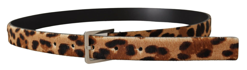 Brown Calf Fur Leopard Print Skinny Logo Buckle Belt - 85-cm-34-inches