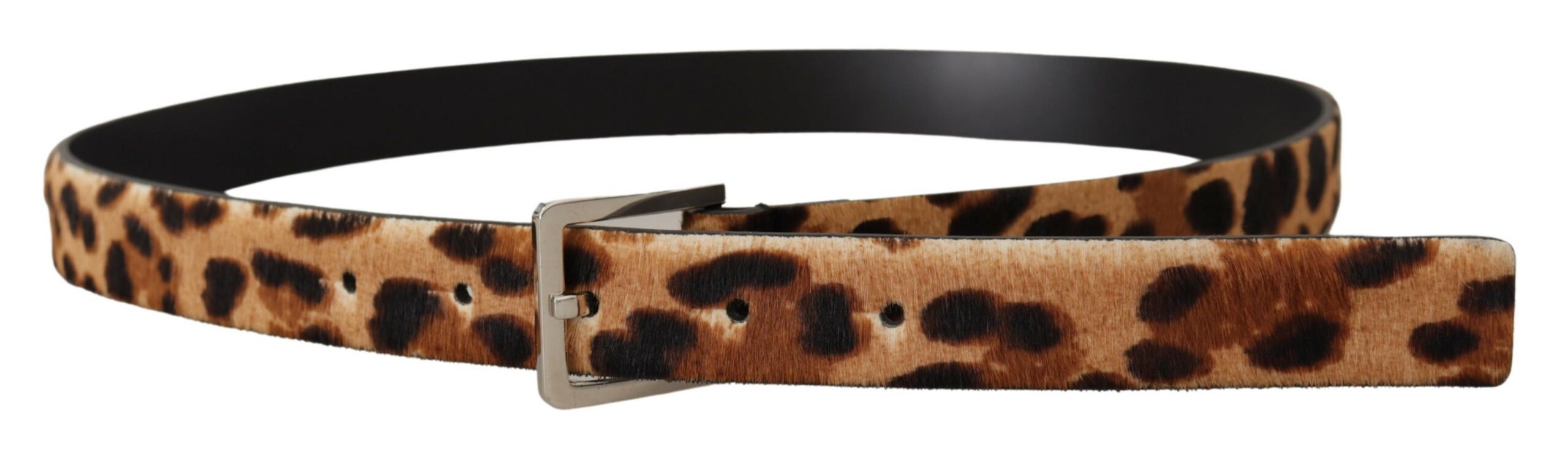 Brown Calf Fur Leopard Print Skinny Logo Buckle Belt - 85-cm-34-inches