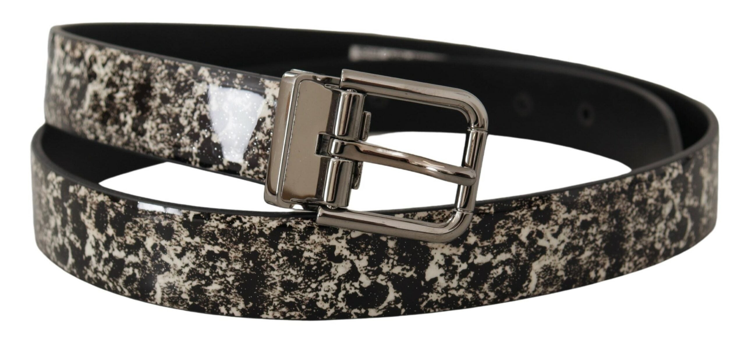 Black Marble Print Leather Silver Logo Buckle Belt - 90-cm-36-inches