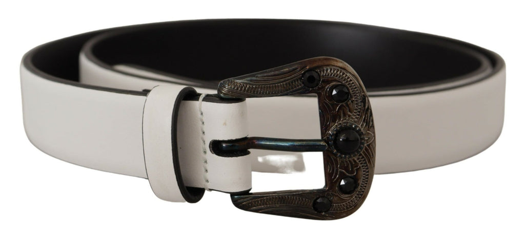 White Leather Crystal Metal Buckle Belt - 90-cm-36-inches
