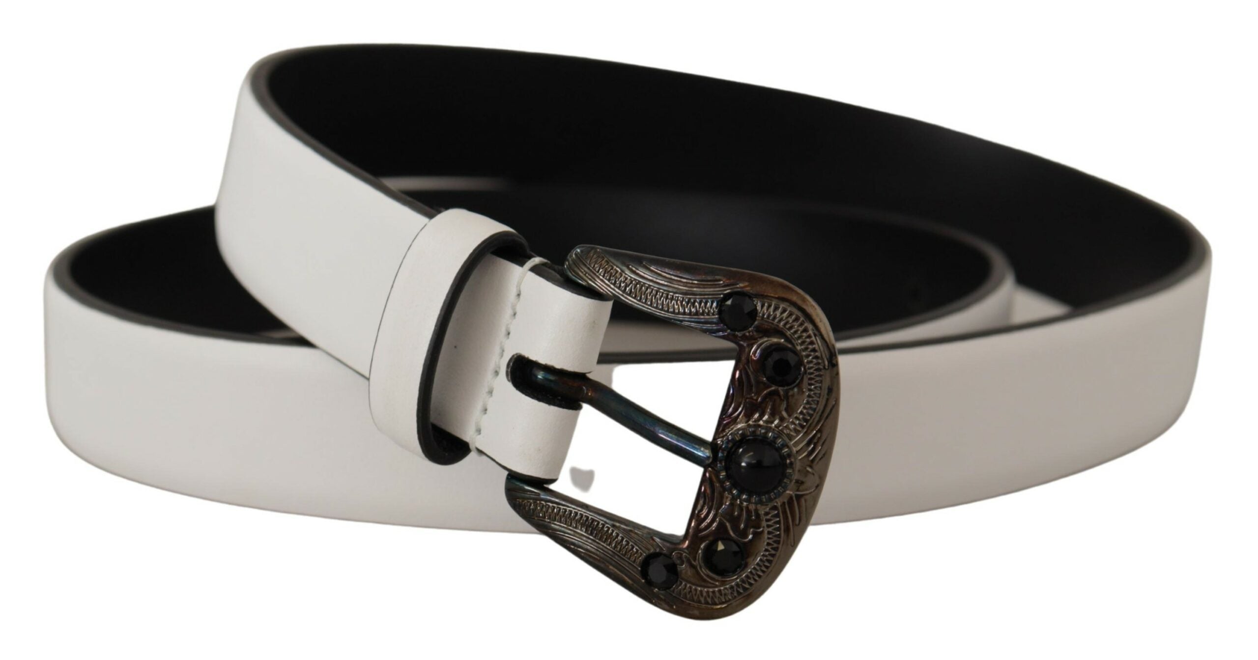 White Leather Crystal Metal Buckle Belt - 90-cm-36-inches