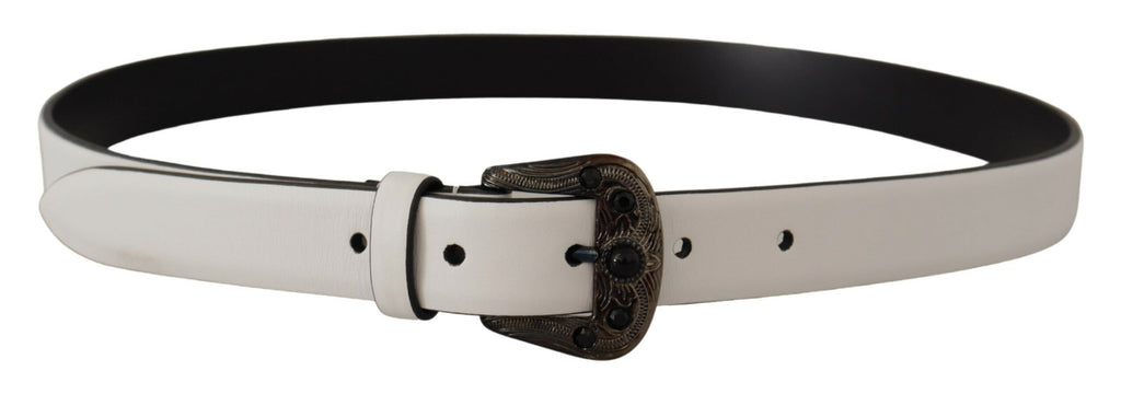 White Leather Crystal Metal Buckle Belt - 90-cm-36-inches