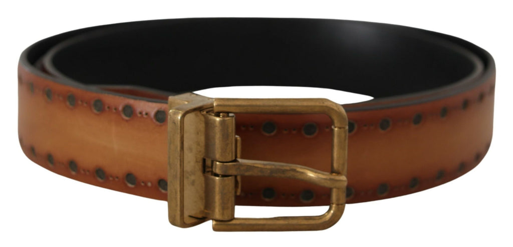 Brown Leather Dress Brass Metal Logo Buckle Belt - 90-cm-36-inches