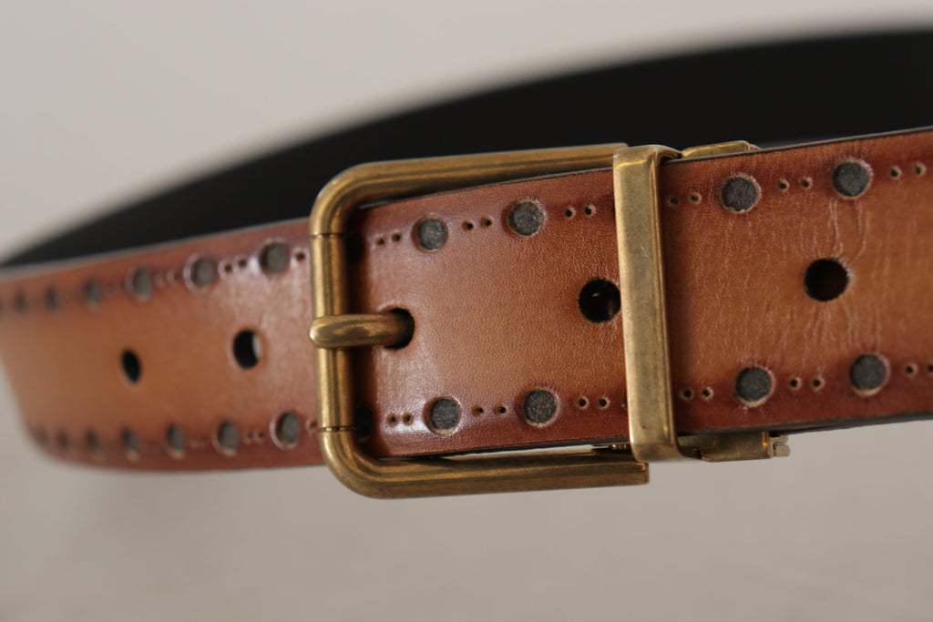Brown Leather Dress Brass Metal Logo Buckle Belt - 90-cm-36-inches