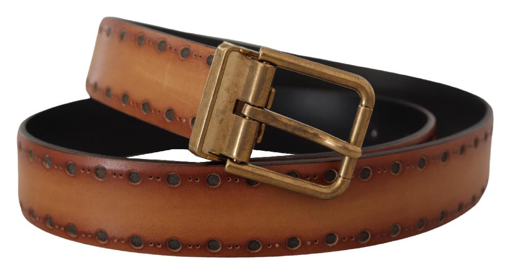 Brown Leather Dress Brass Metal Logo Buckle Belt - 90-cm-36-inches