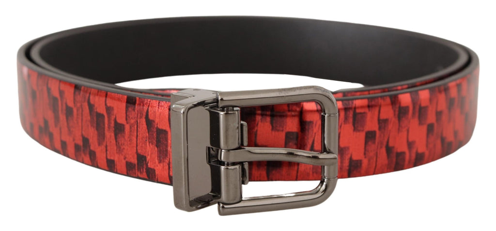 Red Herringbone Leather Gray Tone Buckle Belt - 90-cm-36-inches