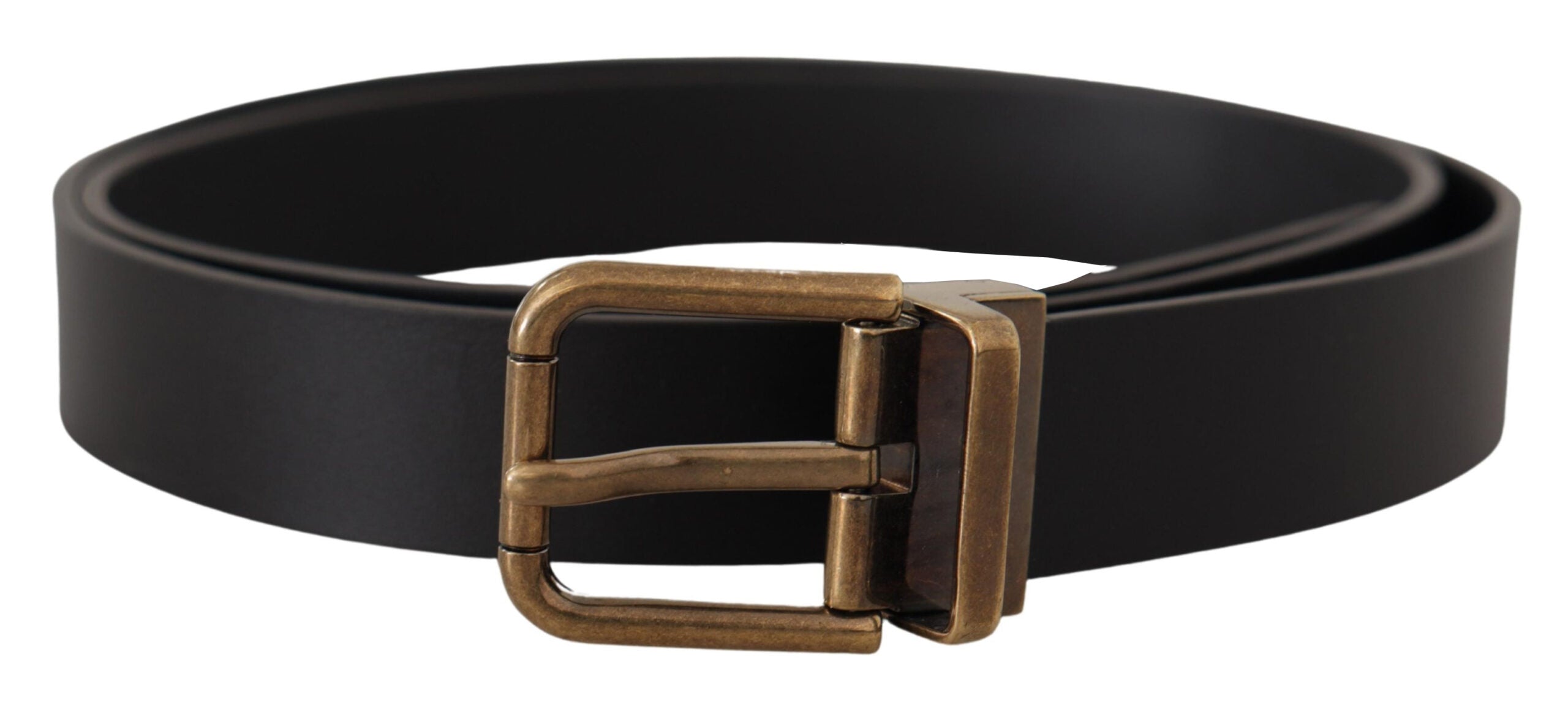 Black Leather Brass Metal Box Buckle Belt - 90-cm-36-inches