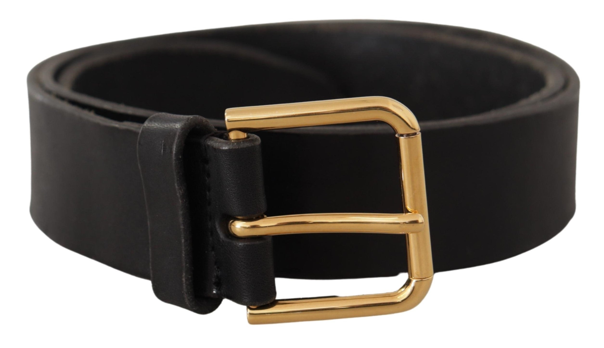 Black Leather Gold Tone Logo Metal Buckle Belt - 90-cm-36-inches