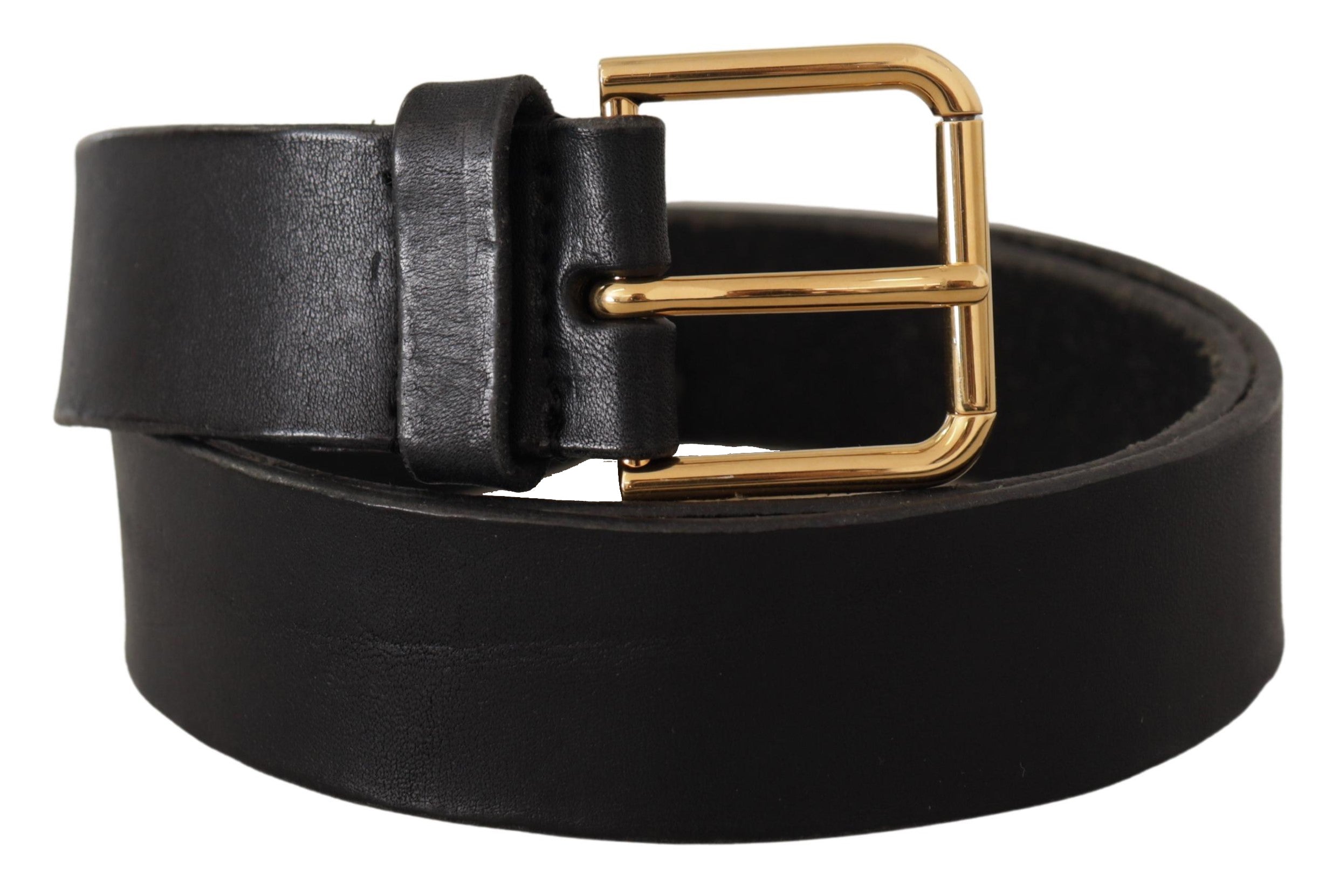 Black Leather Gold Tone Logo Metal Buckle Belt - 90-cm-36-inches