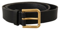 Black Leather Gold Metal Logo Belt - 90-cm-36-inches