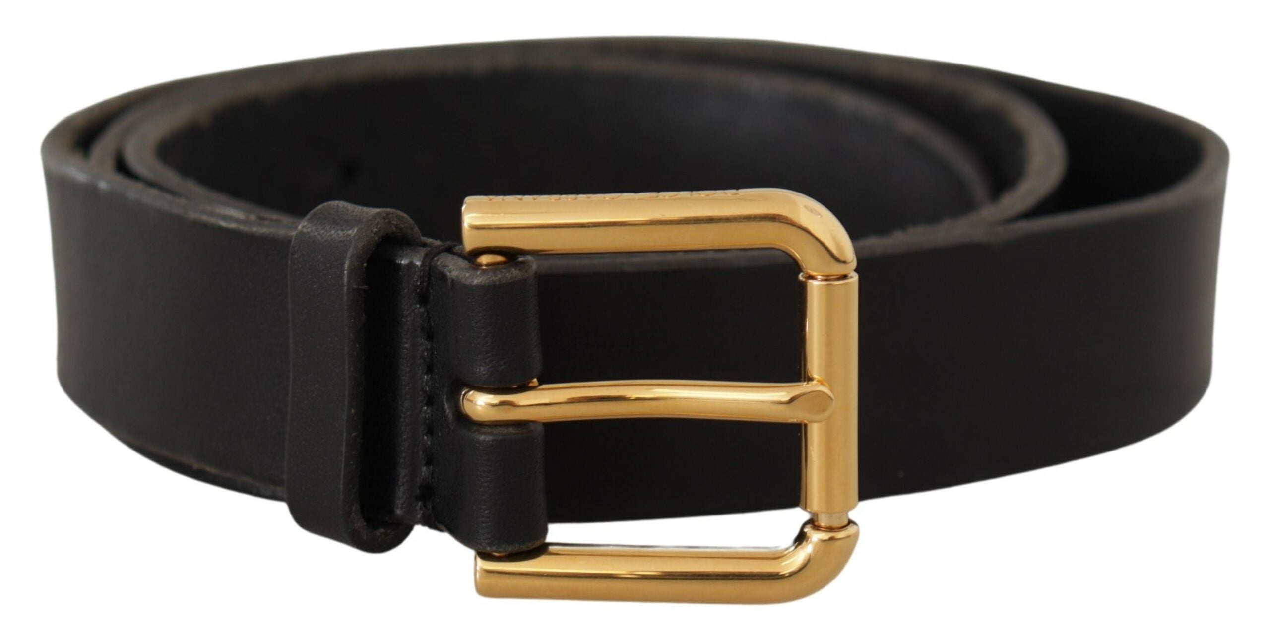 Black Leather Gold Metal Logo Belt - 90-cm-36-inches