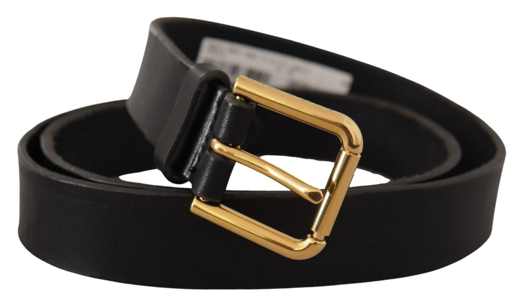 Black Leather Gold Metal Logo Belt - 90-cm-36-inches