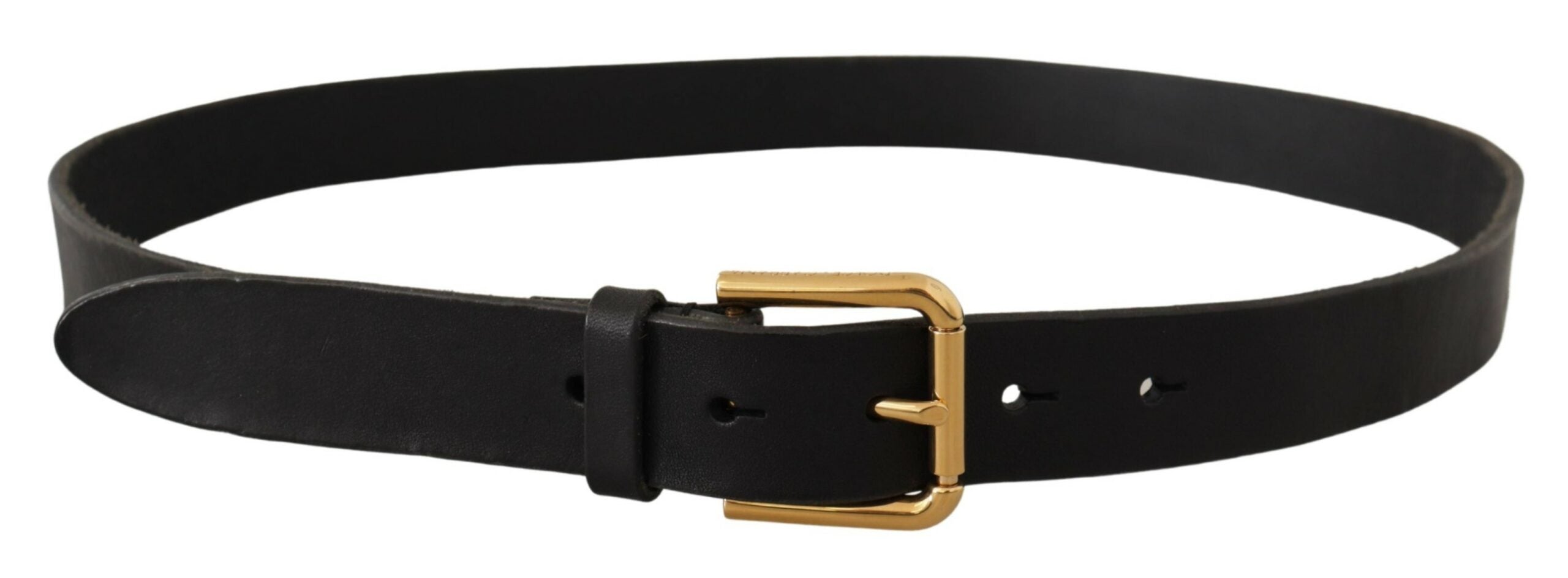 Black Leather Gold Metal Logo Belt - 90-cm-36-inches