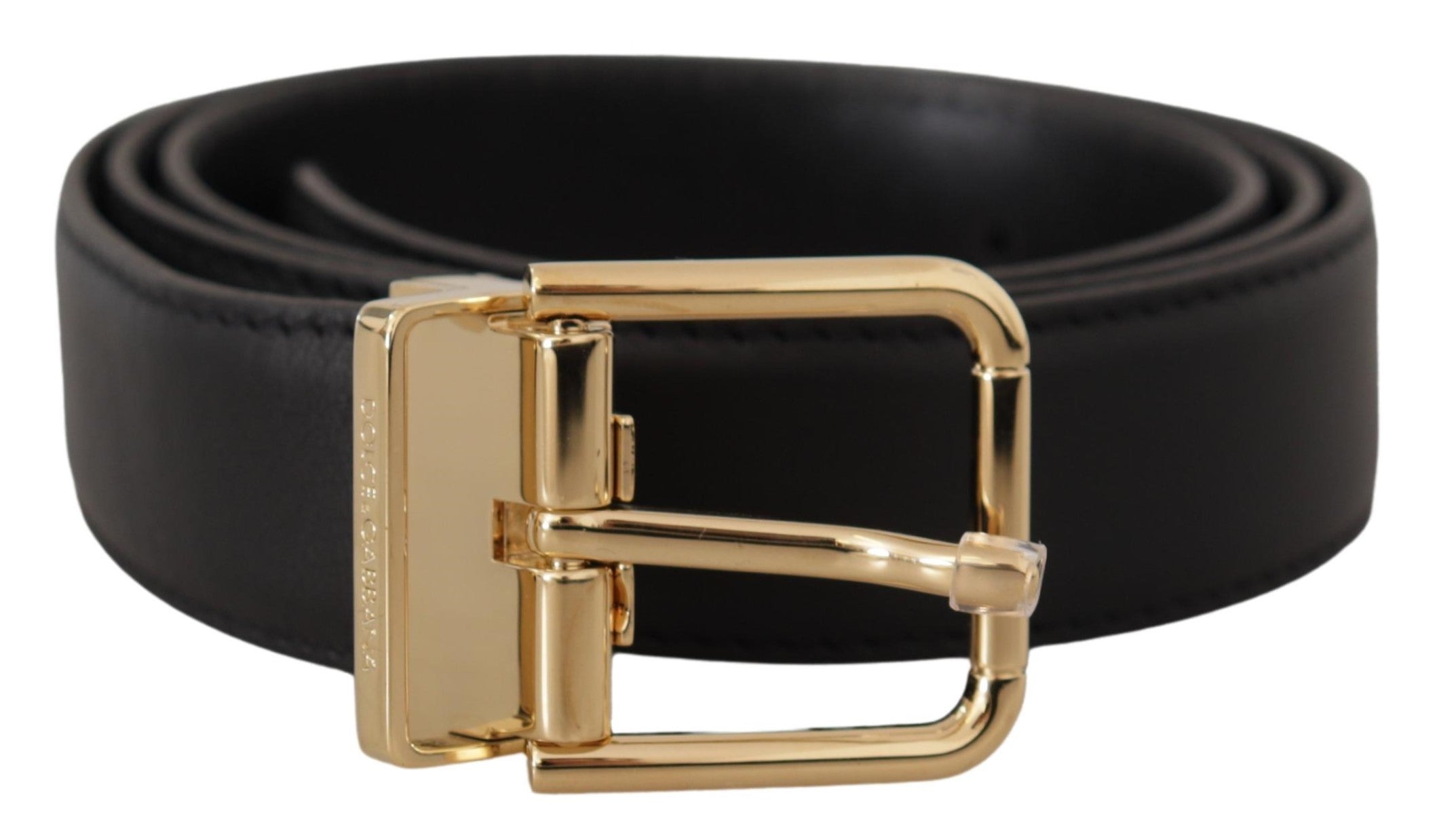 Black Classic Leather Gold Metal Logo Buckle Belt - 90-cm-36-inches