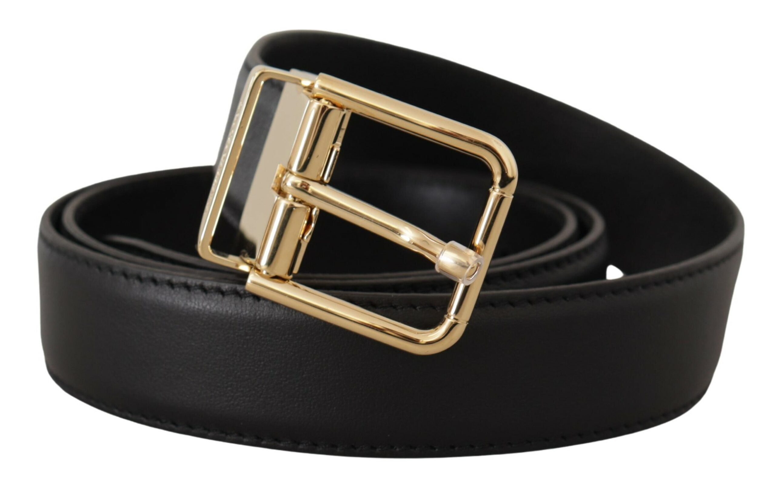 Black Classic Leather Gold Metal Logo Buckle Belt - 90-cm-36-inches