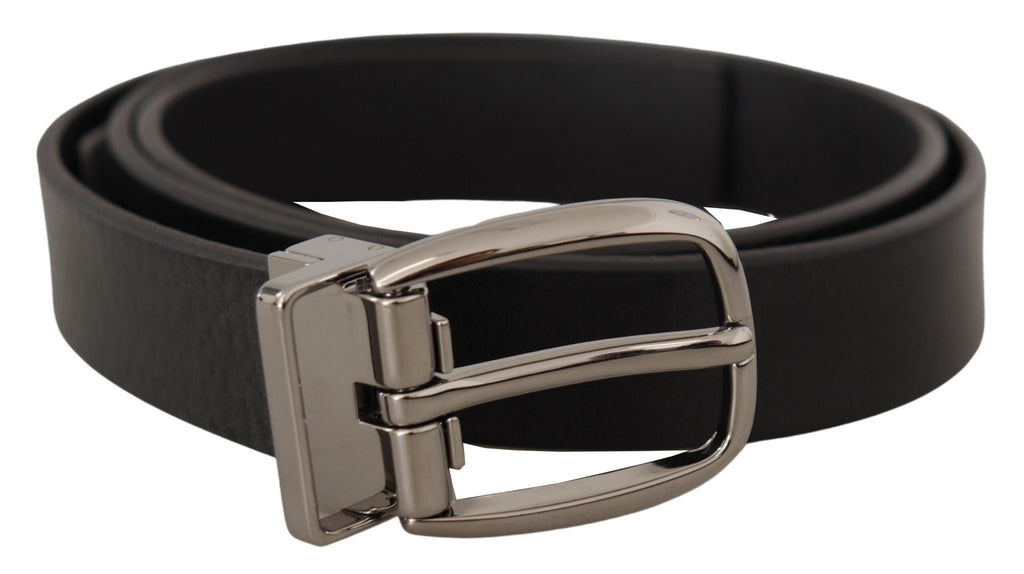 Black Leather Silver Tone Chrome Metal Buckle Belt - 80-cm-32-inches