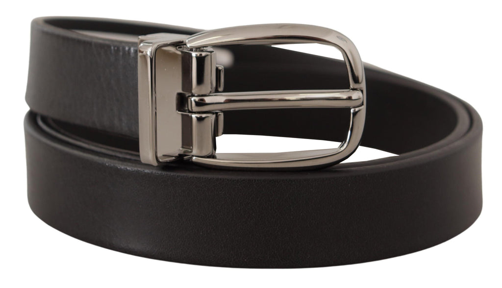 Black Leather Silver Tone Chrome Metal Buckle Belt - 80-cm-32-inches