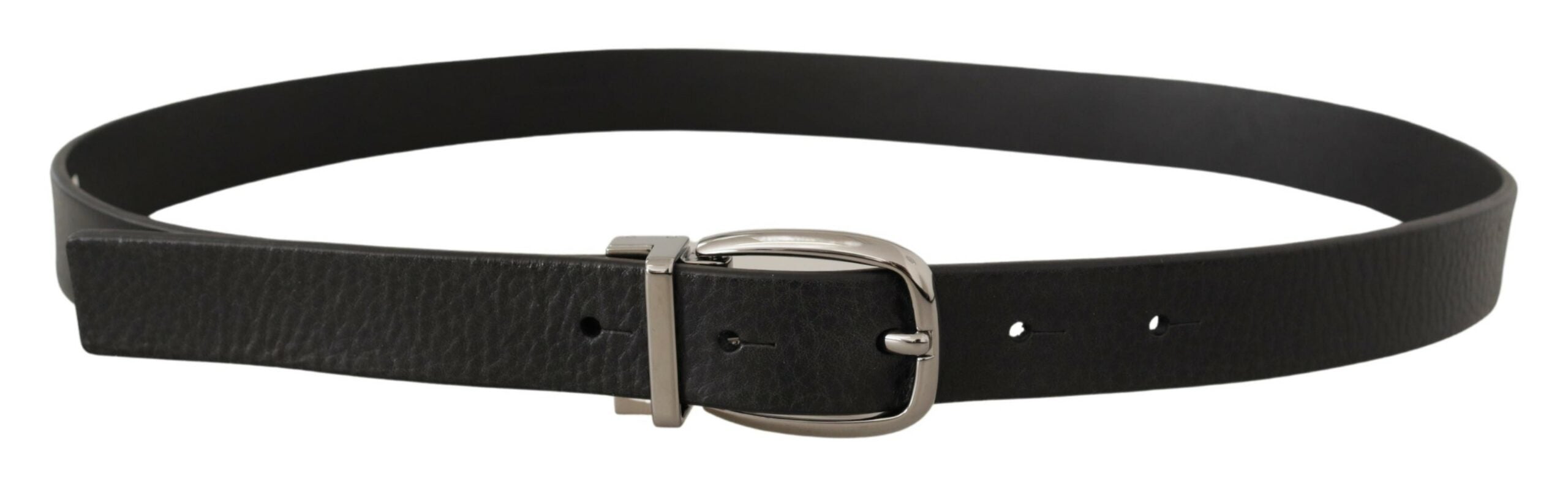 Black Leather Silver Tone Chrome Metal Buckle Belt - 80-cm-32-inches