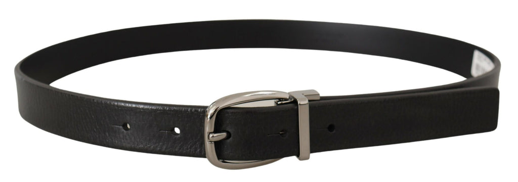 Black Leather Silver Chrome Metal Logo Buckle Belt - 80-cm-32-inches