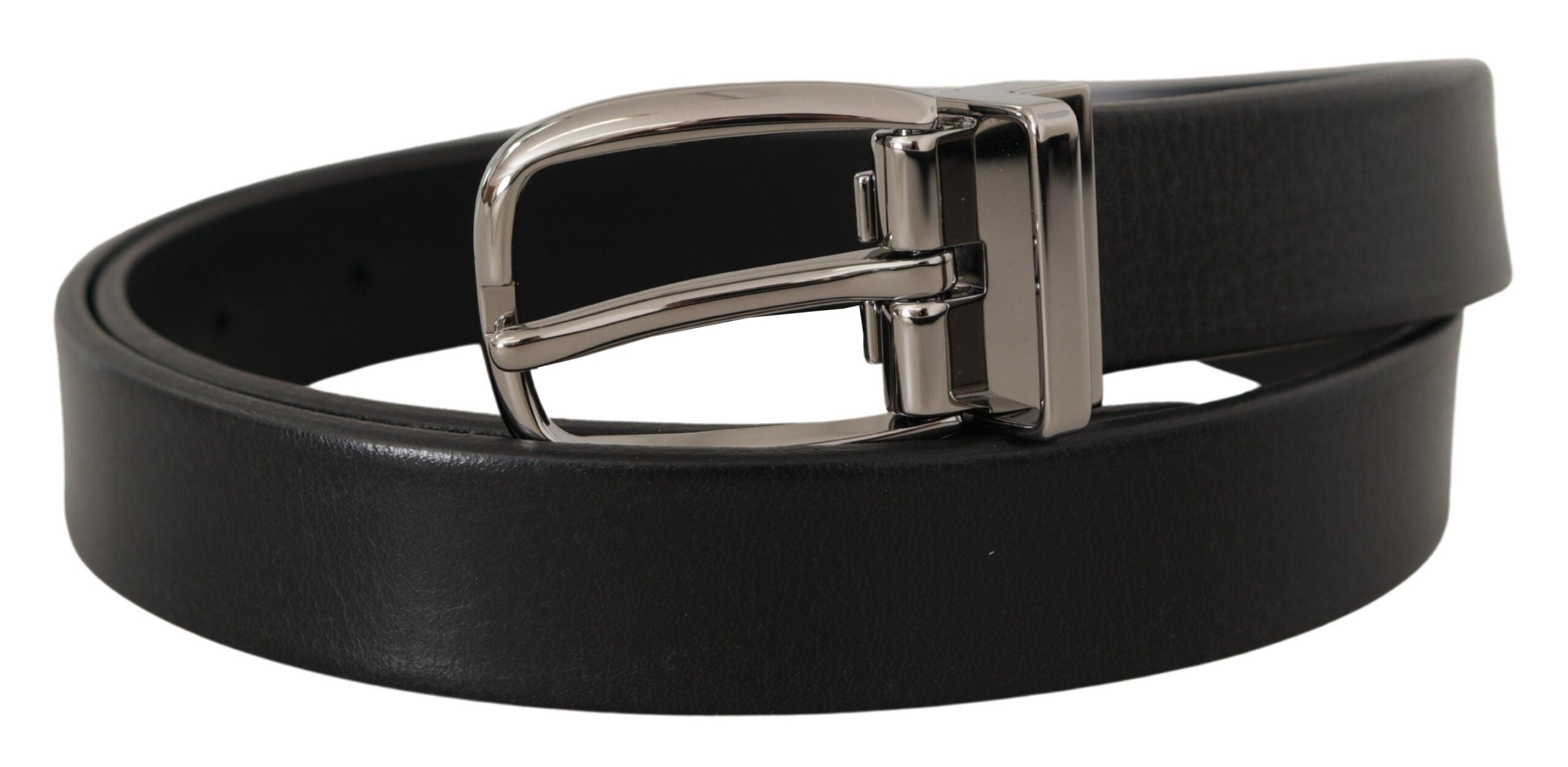 Black Leather Silver Chrome Metal Logo Buckle Belt - 80-cm-32-inches