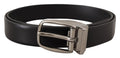 Black Leather Silver Metal Chrome Logo Buckle  Belt - 80-cm-32-inches