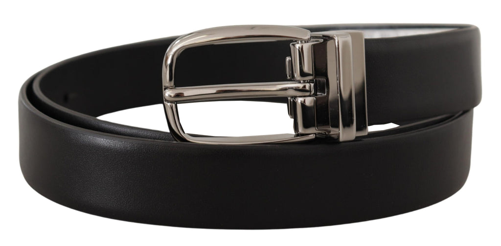 Black Leather Silver Metal Chrome Logo Buckle  Belt - 80-cm-32-inches