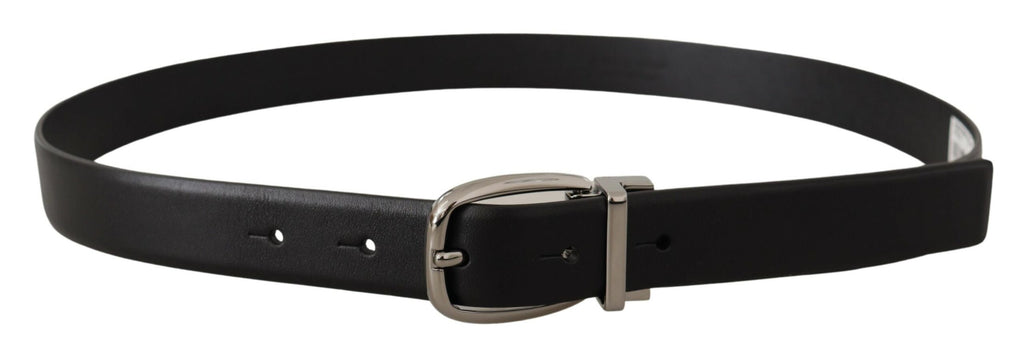 Black Leather Silver Metal Chrome Logo Buckle  Belt - 80-cm-32-inches