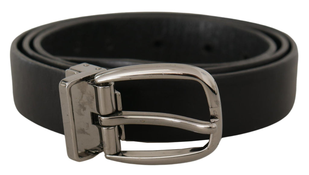 Black Leather Chrome Logo Metal Buckle Belt - 95-cm-38-inches