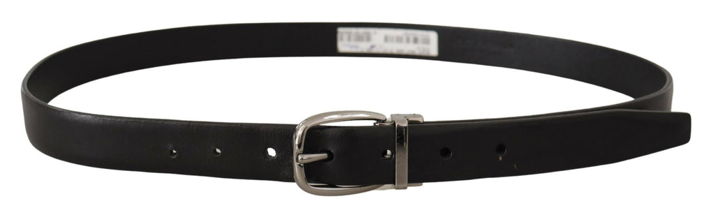 Black Leather Chrome Logo Metal Buckle Belt - 95-cm-38-inches