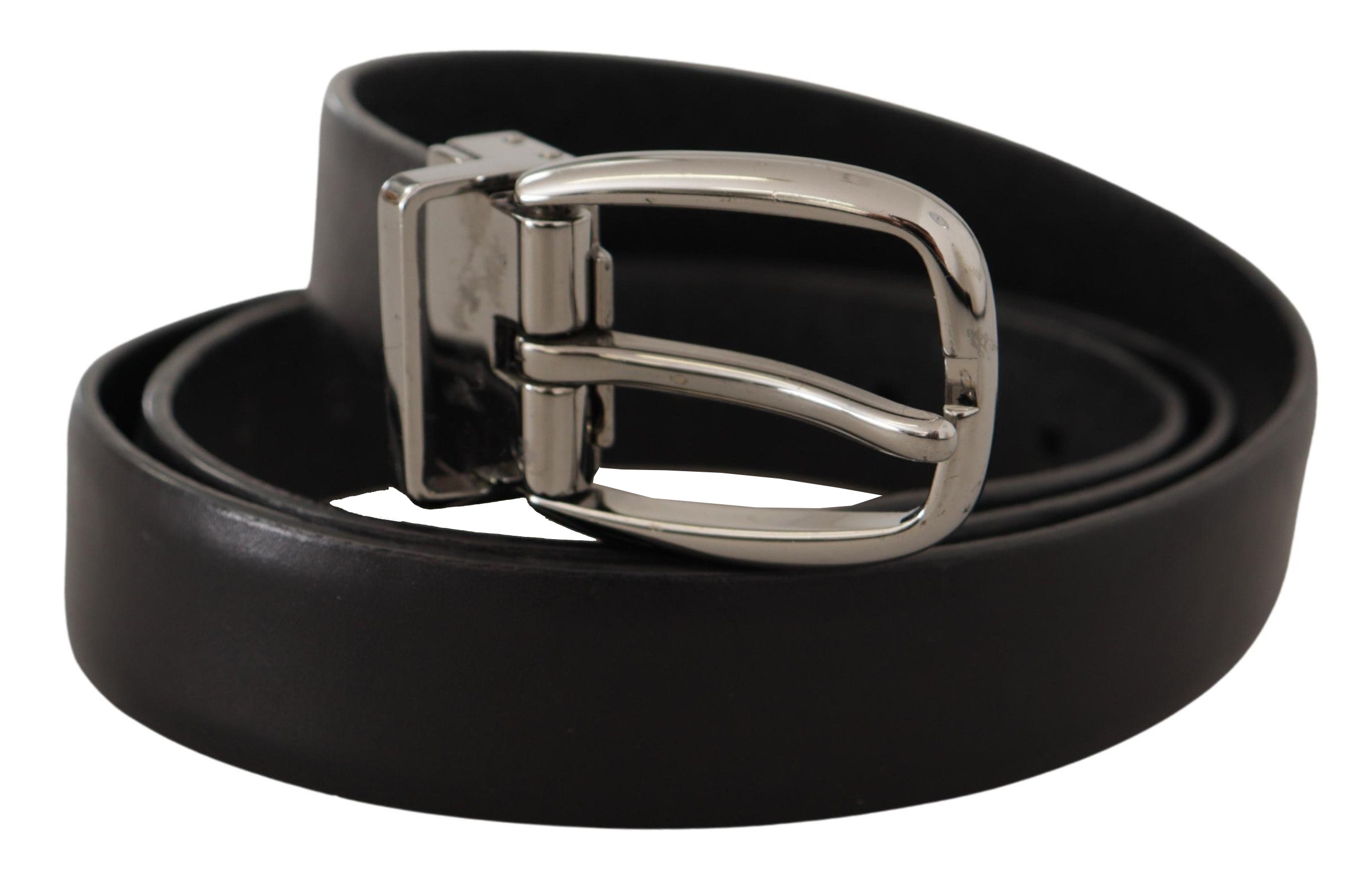 Black Leather Chrome Logo Metal Buckle Belt - 90-cm-36-inches