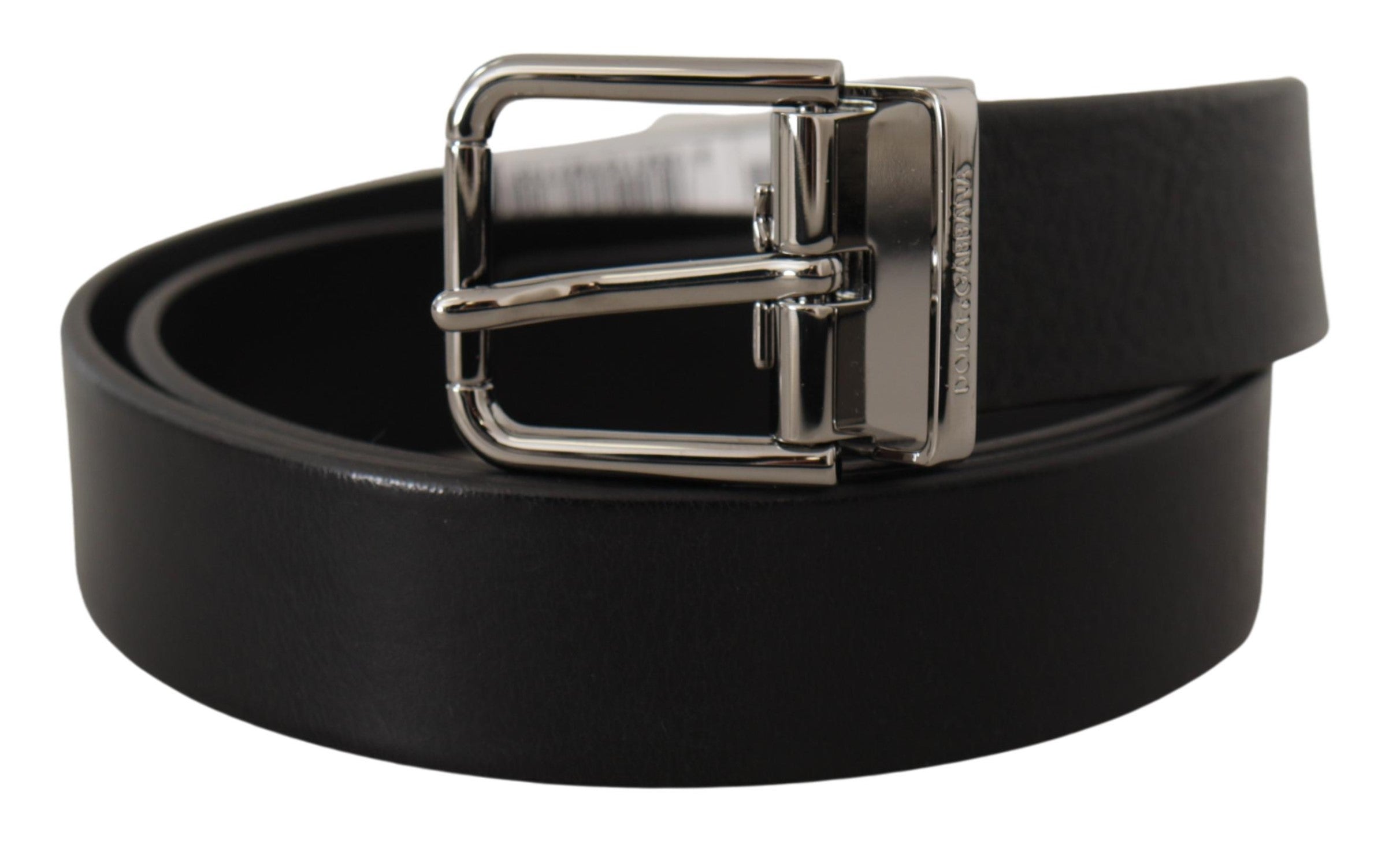 Black Calf Leather Logo Engraved Metal Buckle Belt - 85-cm-34-inches