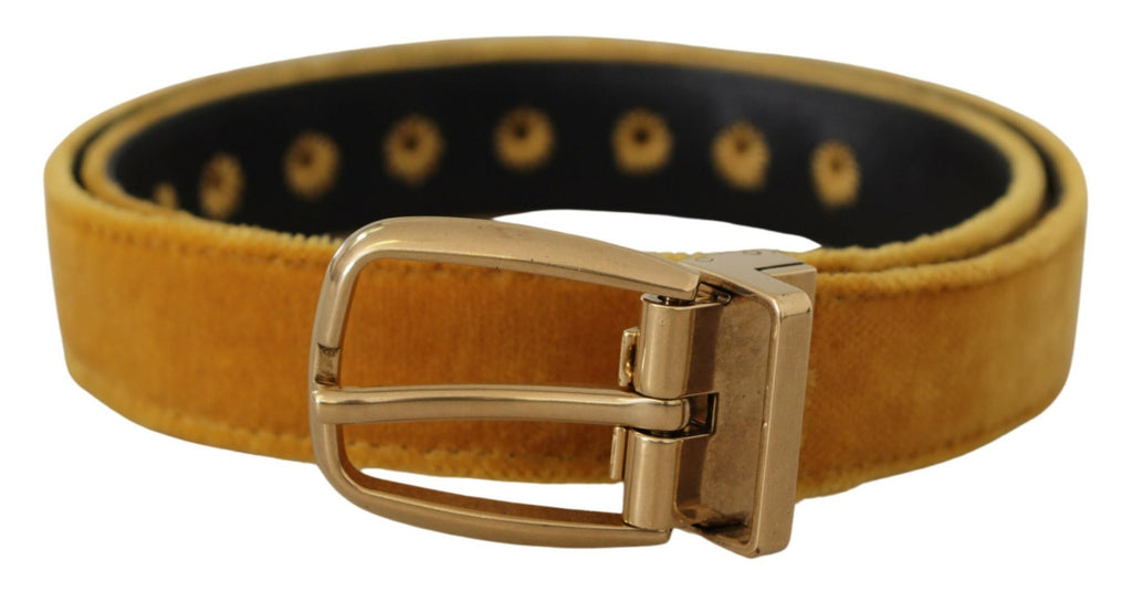 Mustard Velvet Gold Logo Engraved Metal Buckle Belt - 65-cm-26-inches