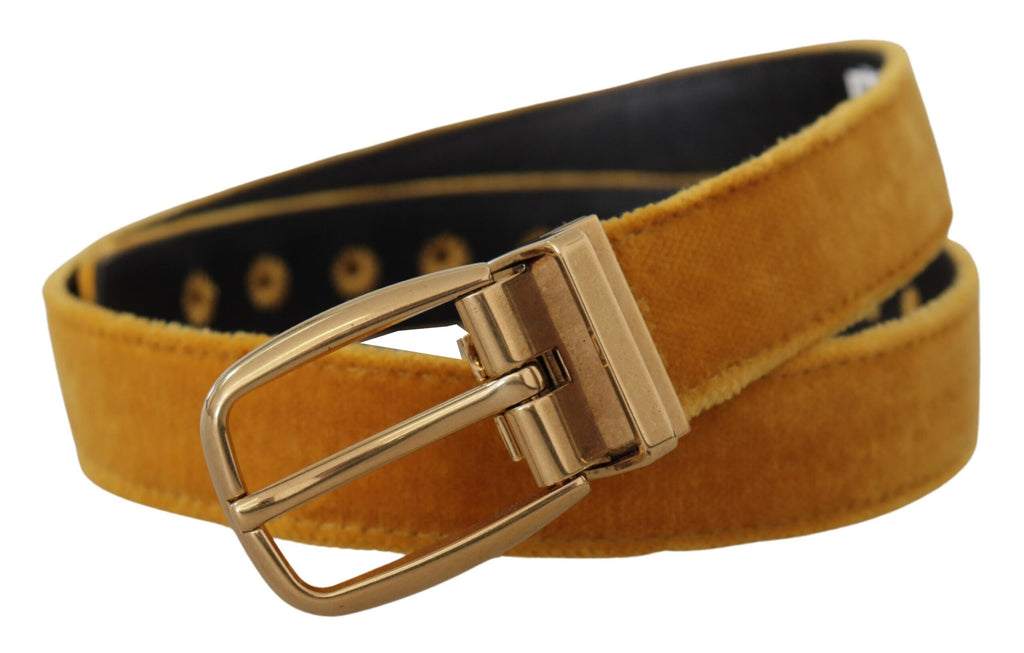 Mustard Velvet Gold Logo Engraved Metal Buckle Belt - 65-cm-26-inches