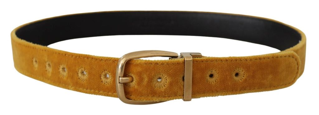 Mustard Velvet Gold Logo Engraved Metal Buckle Belt - 65-cm-26-inches