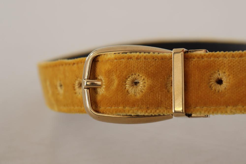 Mustard Velvet Gold Logo Engraved Metal Buckle Belt - 65-cm-26-inches