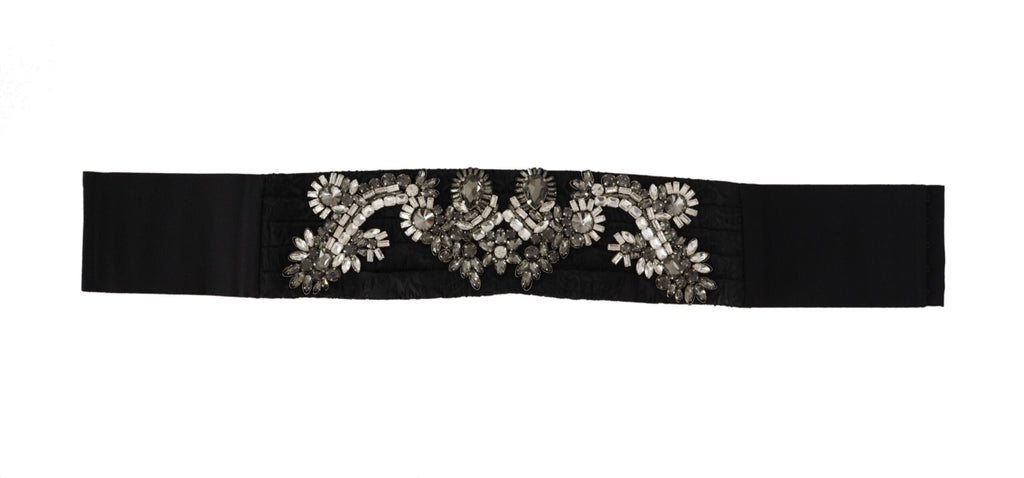 Black Silk Brass Crystal Embellished Waist Belt - it42-m