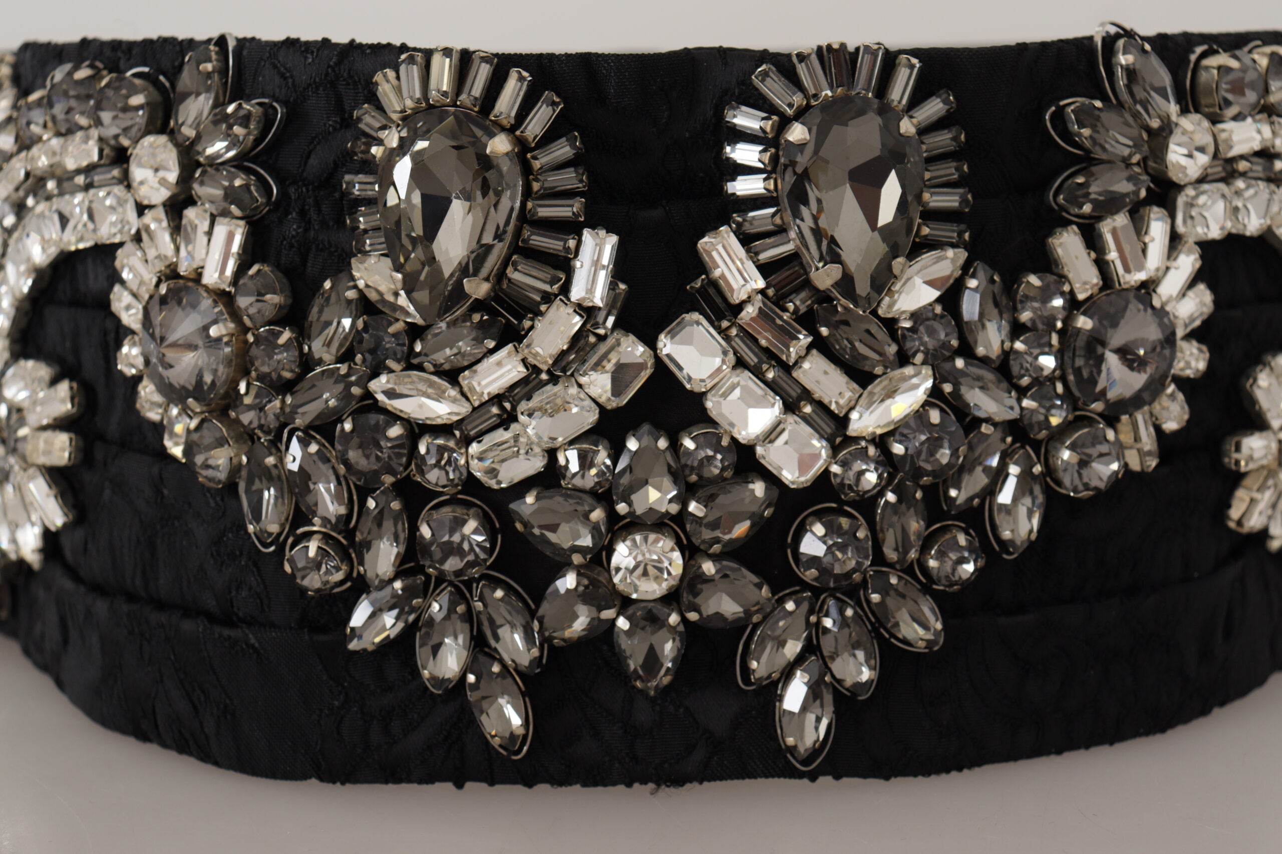 Black Silk Brass Crystal Embellished Waist Belt - it42-m