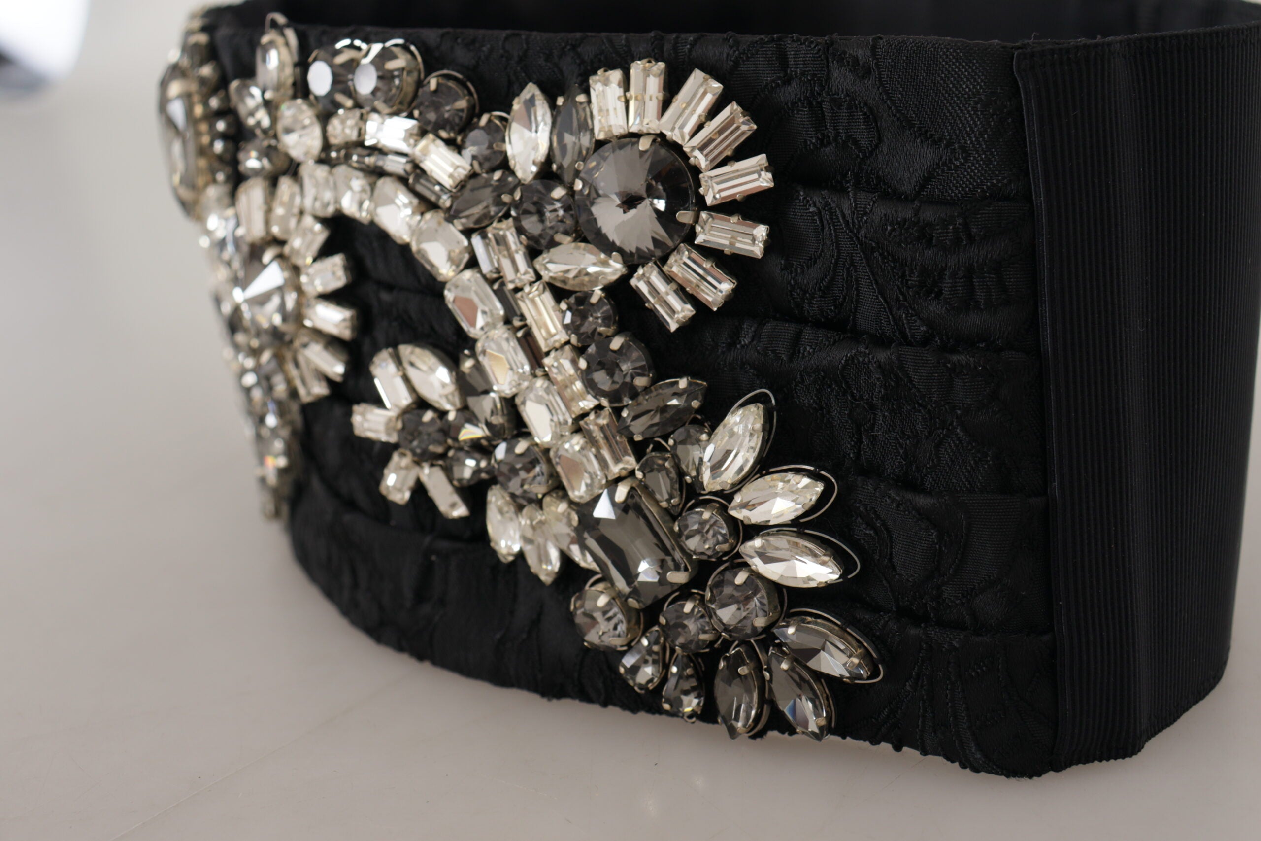 Black Silk Brass Crystal Embellished Waist Belt - it42-m
