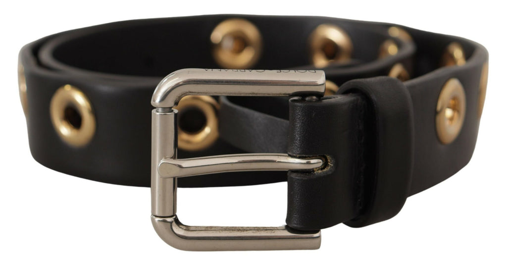 Black Leather Eyelet Silver Tone Metal Buckle Belt - 70-cm-28-inches