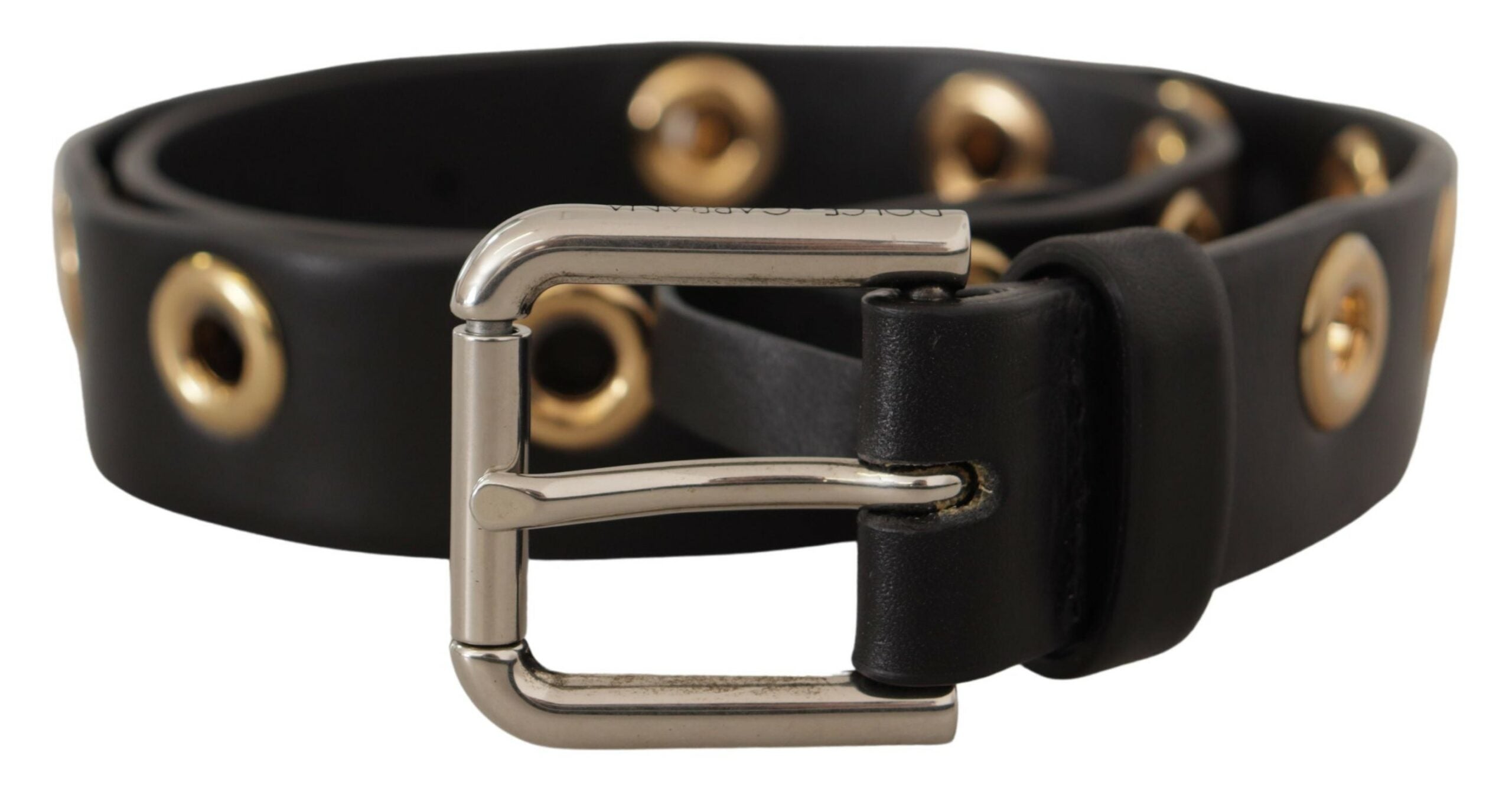 Black Leather Eyelet Silver Tone Metal Buckle Belt - 70-cm-28-inches
