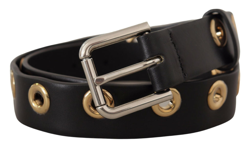 Black Leather Eyelet Silver Tone Metal Buckle Belt - 70-cm-28-inches